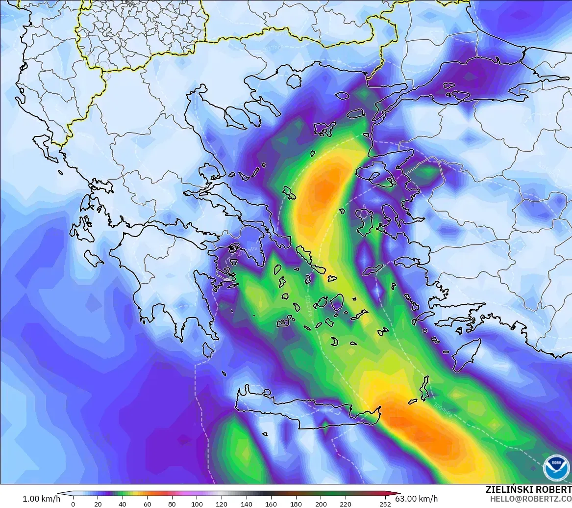 GFS modelo - Grecia, Ráfagas de Viento Máximas