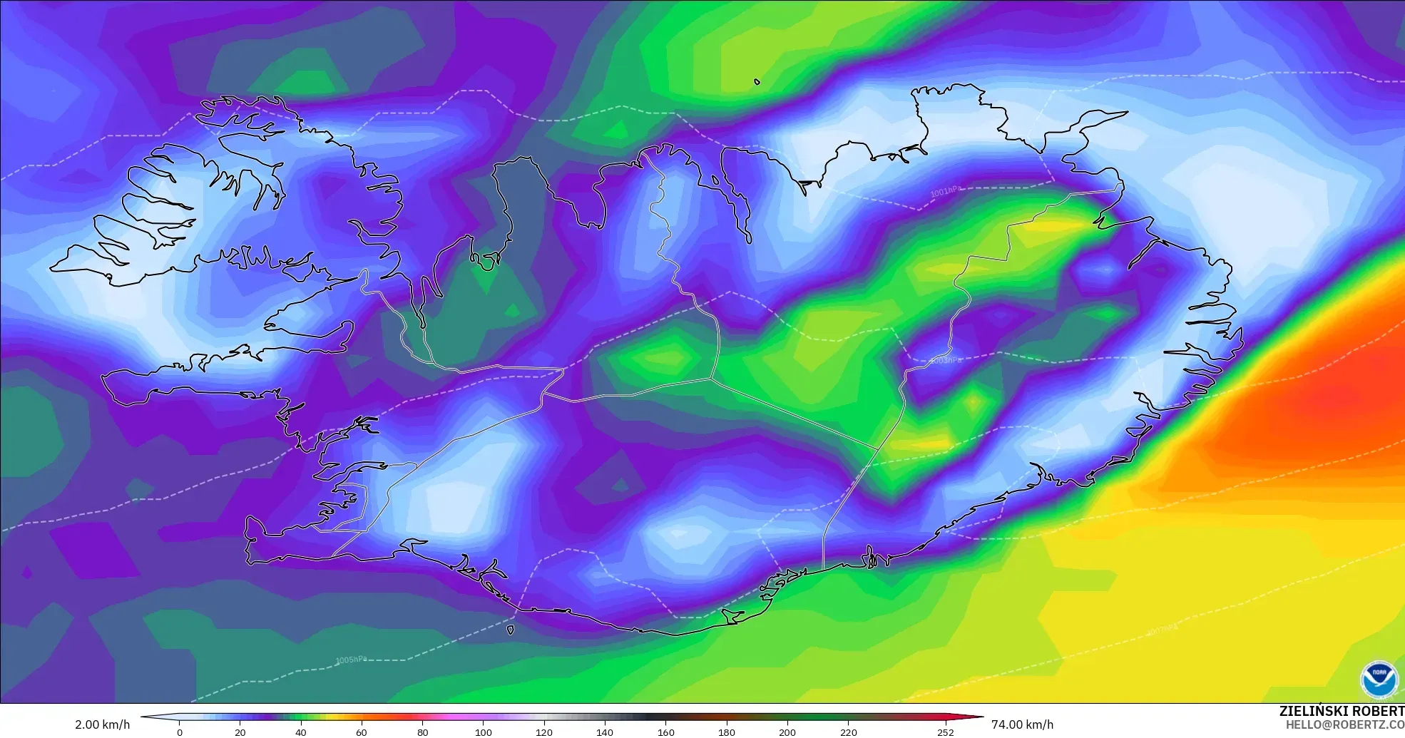 GFS modelo - Islandia, Ráfagas de viento