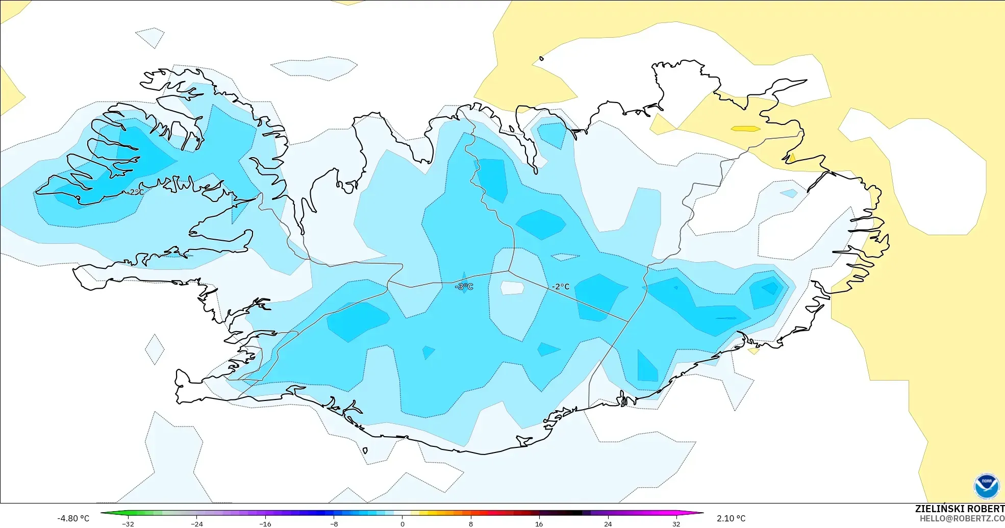 GFS modelo - Islandia, Anomalía de temperatura a 2 m