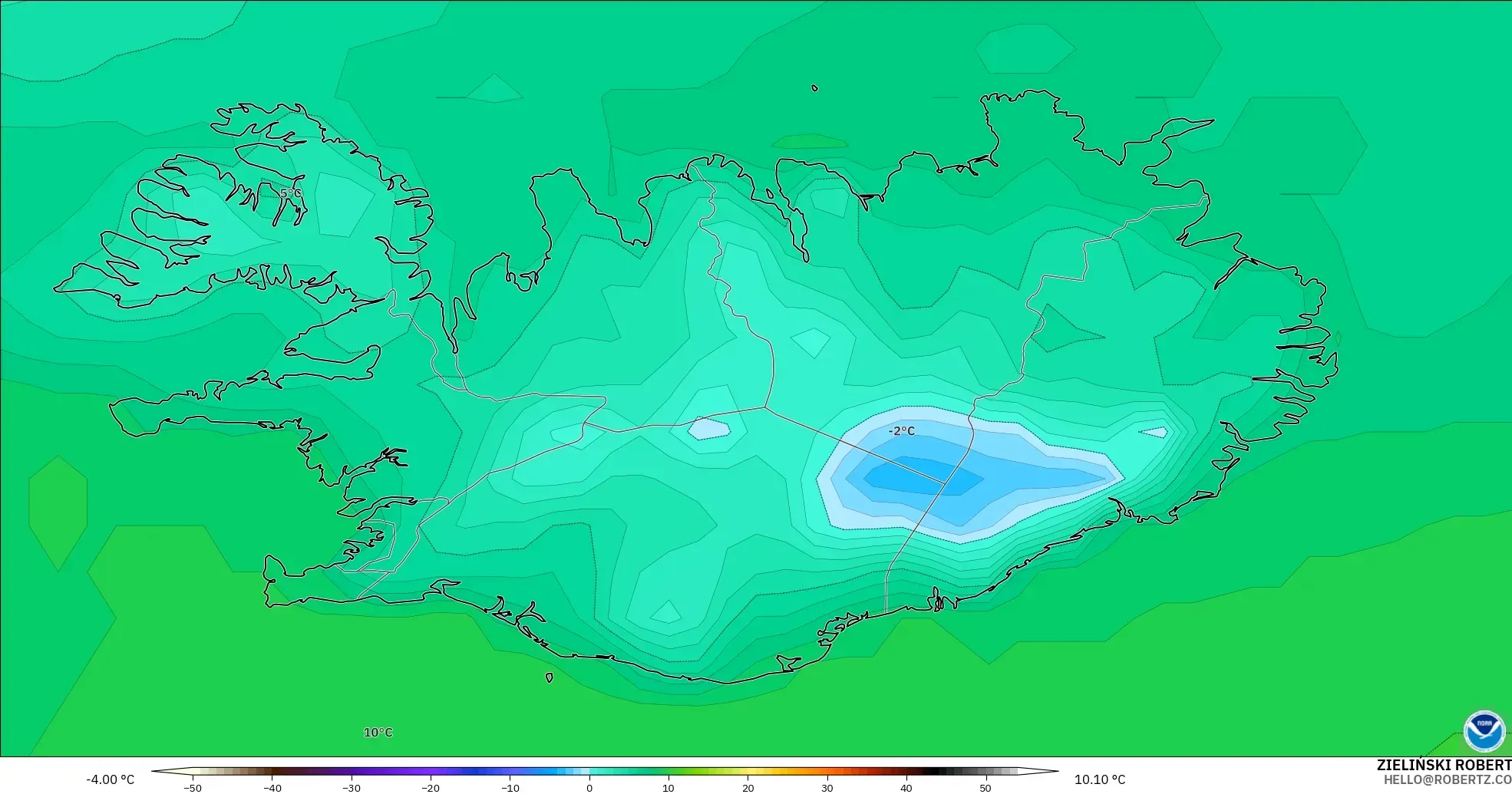 GFS modelo - Islandia, Temperatura a 2 m