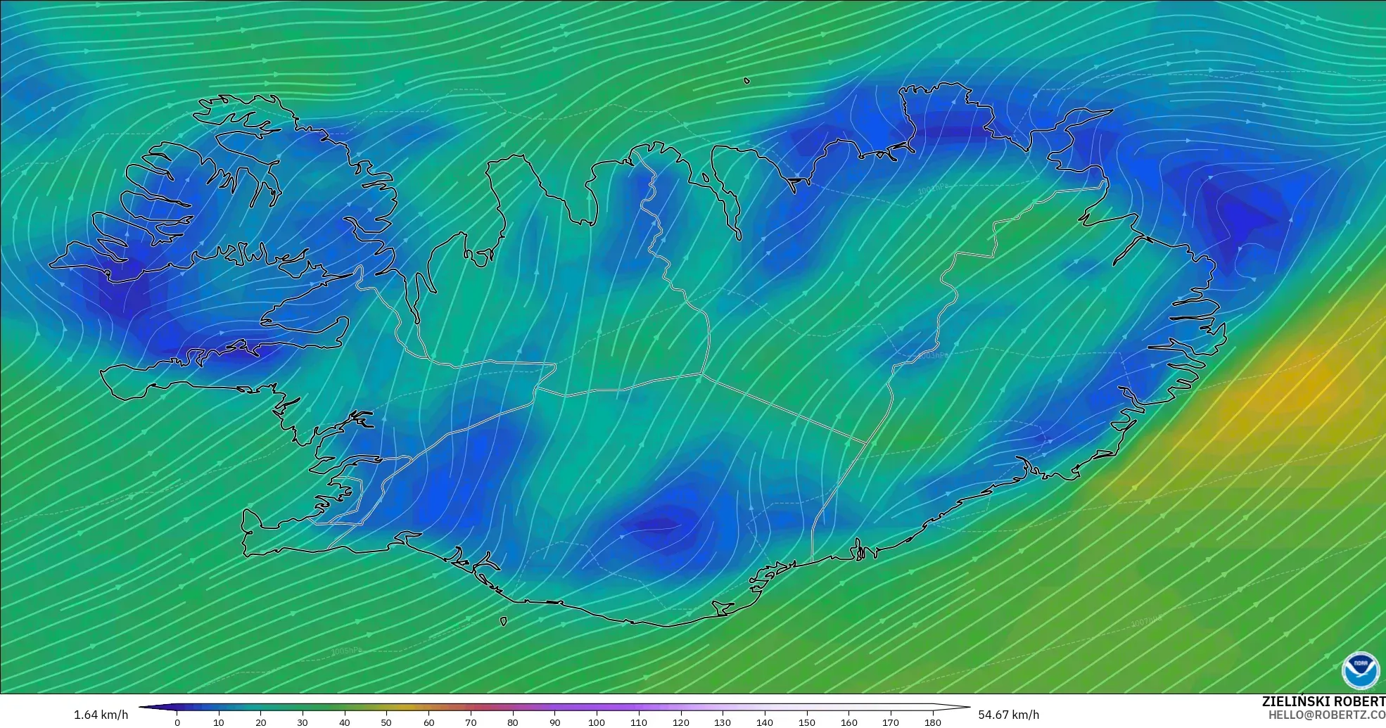 GFS modelo - Islandia, Viento a 10 m