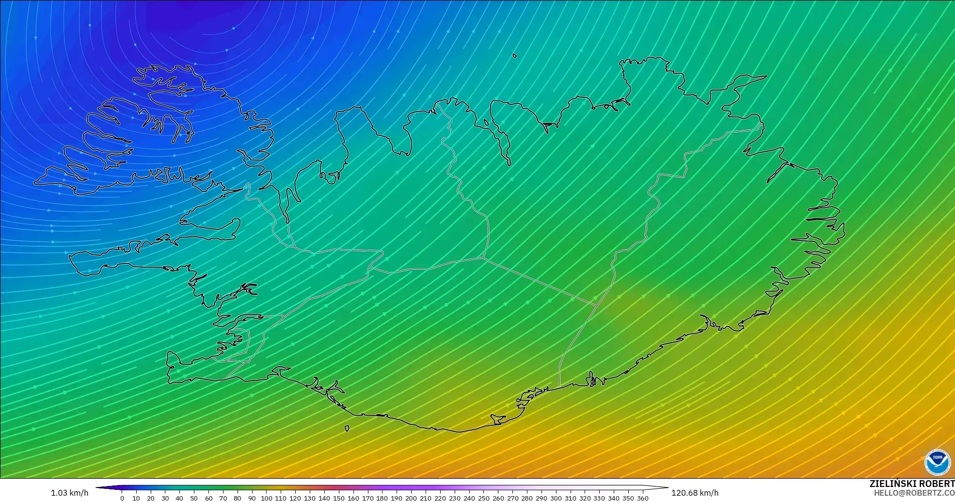 GFS modelo - Islandia, Viento a 300 hPa (corriente en chorro)