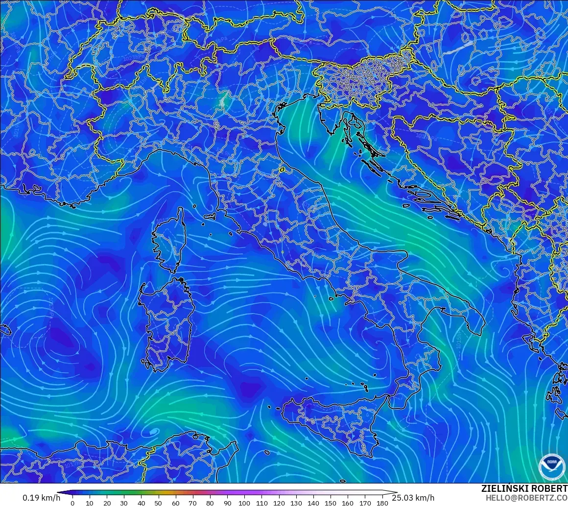 GFS modelo - Italia, Viento a 10 m
