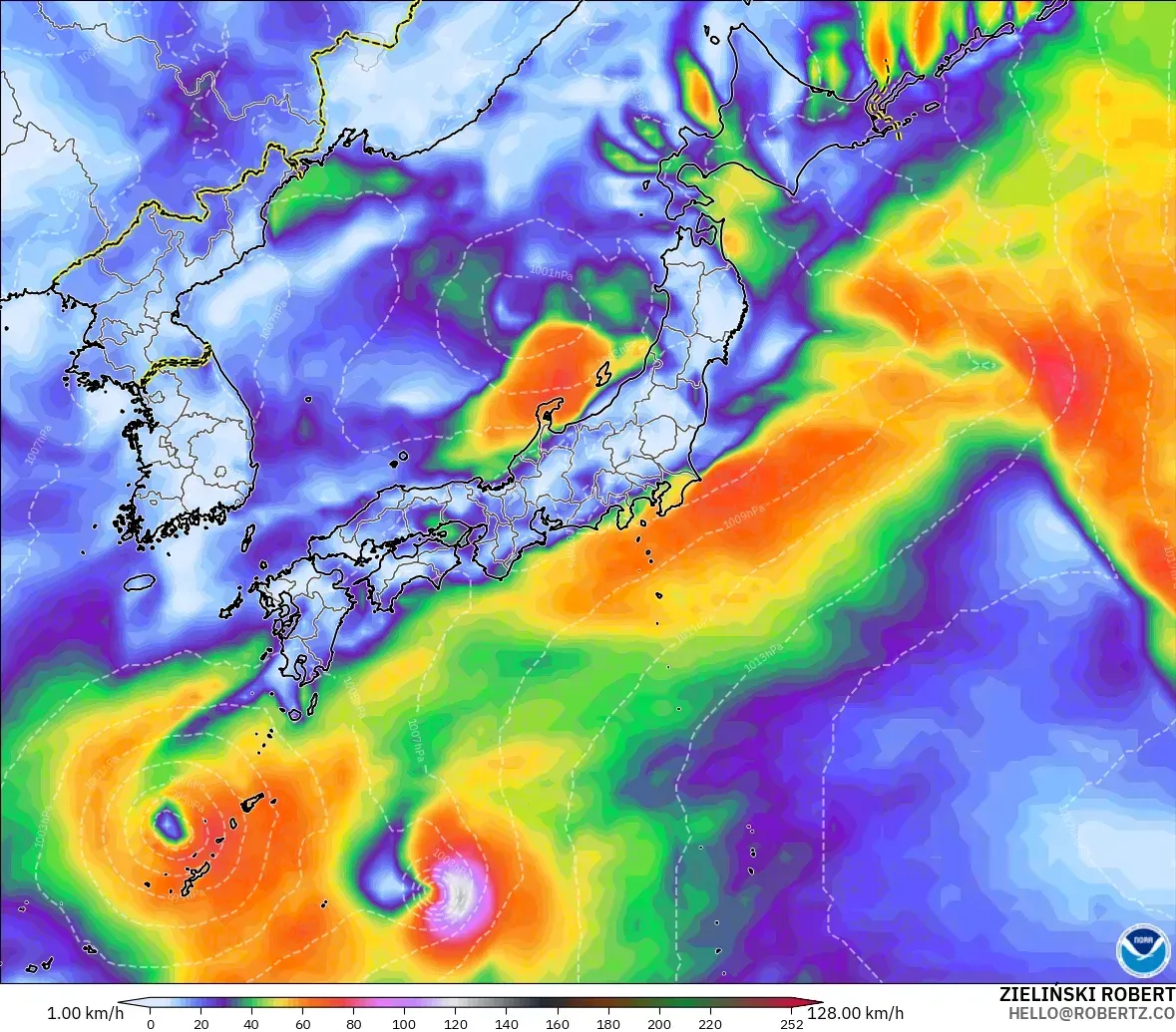 GFS modelo - Japón, Ráfagas de viento