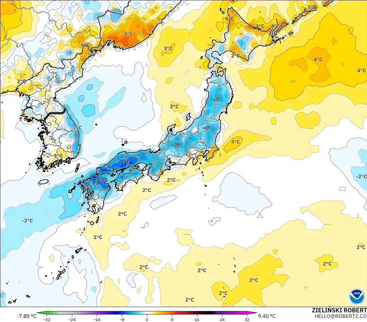 GFS modelo - Japón, Anomalía de temperatura a 2 m