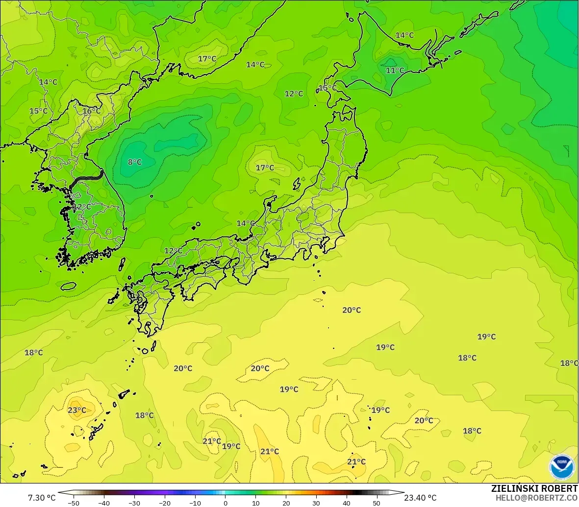 GFS modelo - Japón, Temperatura a 850 hPa