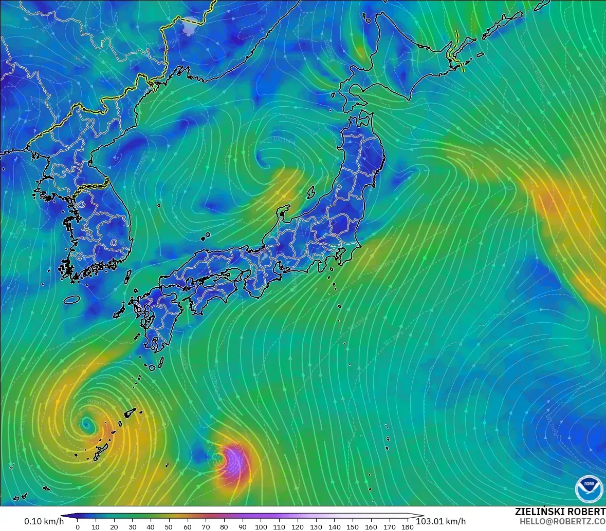 GFS modelo - Japón, Viento a 10 m