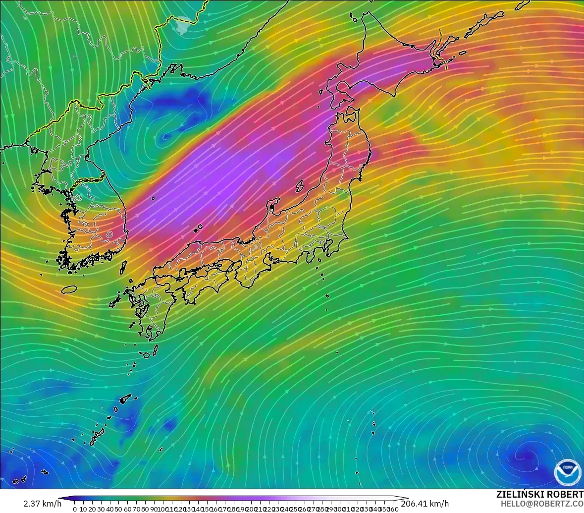 GFS modelo - Japón, Viento a 300 hPa (corriente en chorro)