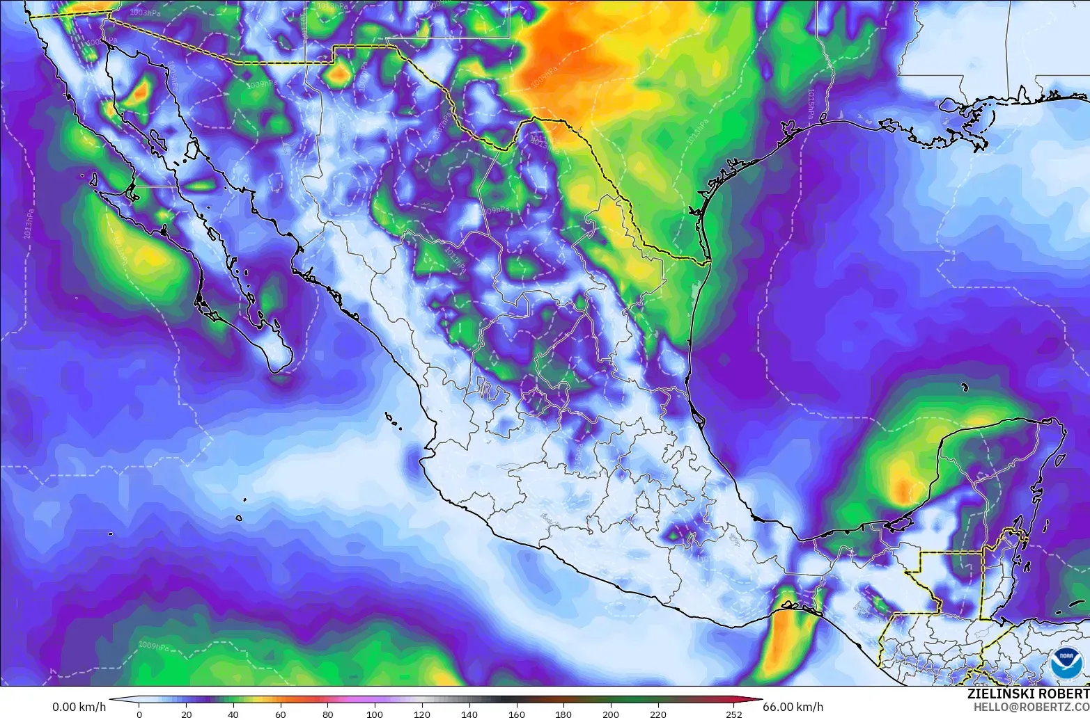 GFS modelo - México, Ráfagas de viento