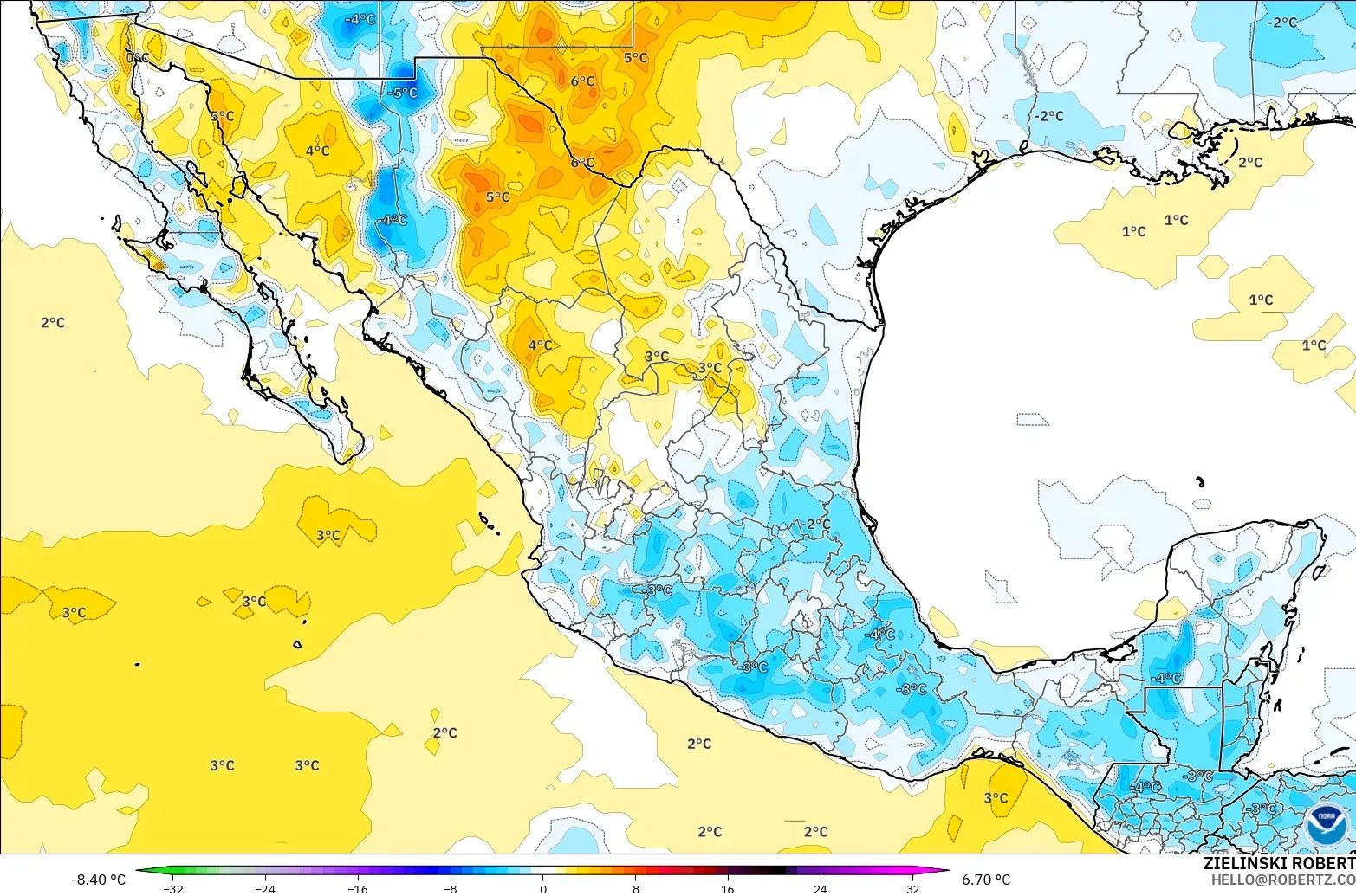 GFS modelo - México, Anomalía de temperatura a 2 m