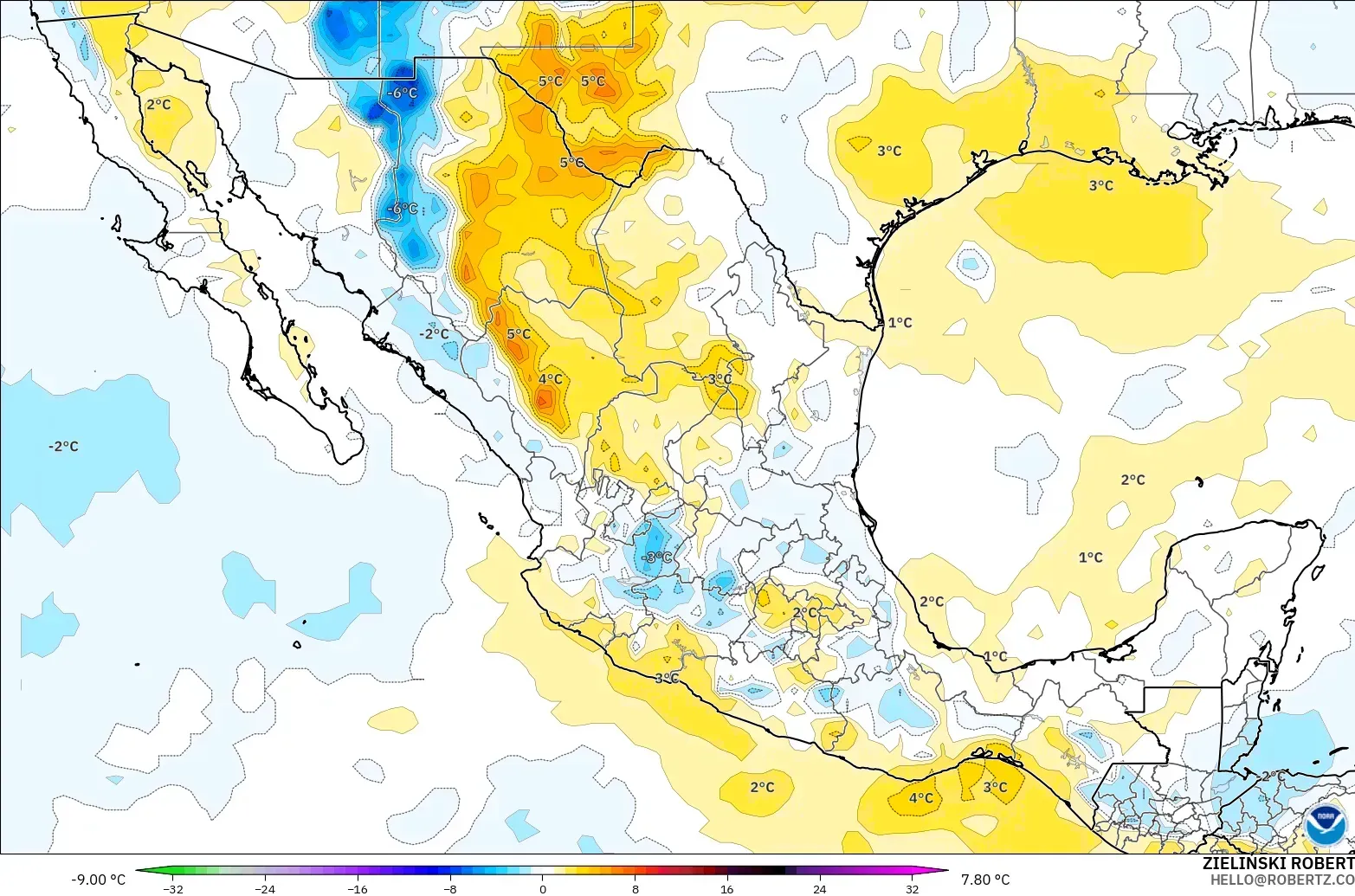 GFS modelo - México, Anomalía de temperatura a 850 hPa