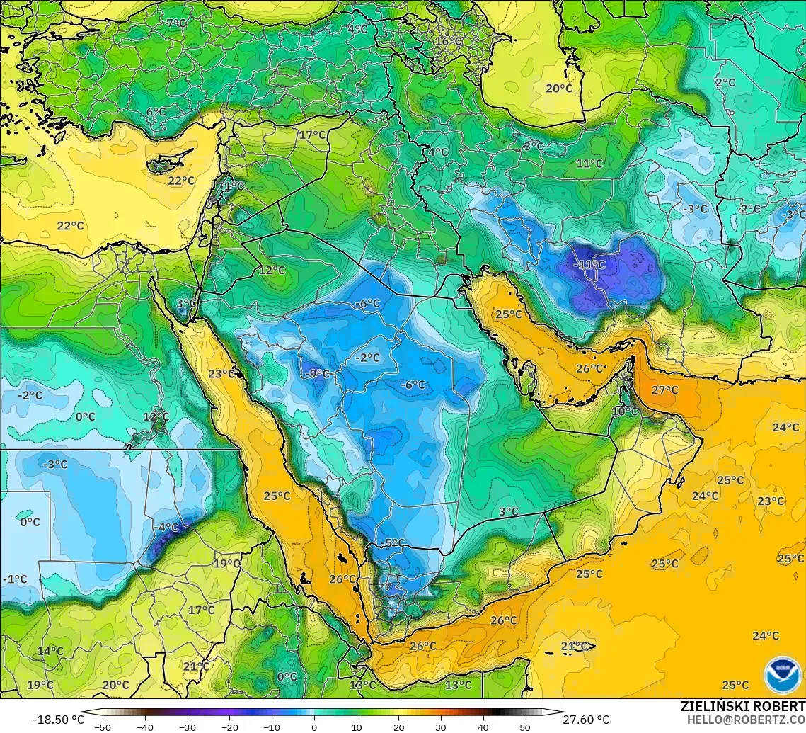 GFS modelo - Oriente Medio, Punto de rocío a 2 m