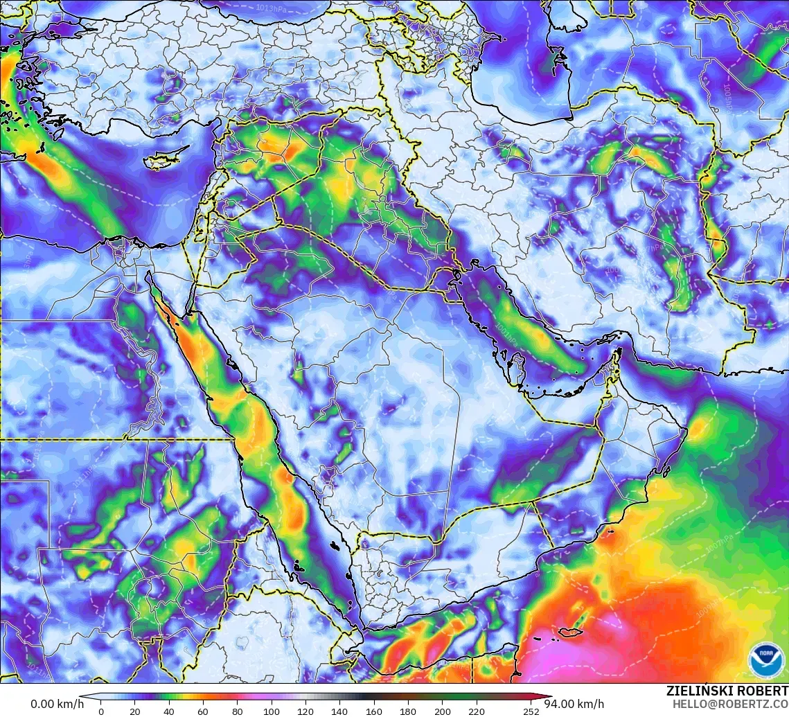 GFS modelo - Oriente Medio, Ráfagas de viento