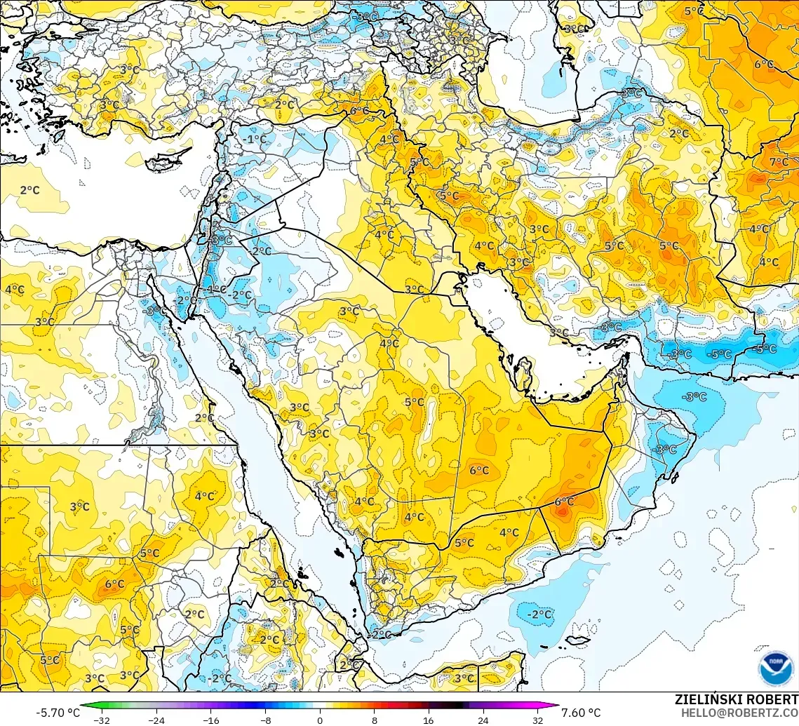GFS modelo - Oriente Medio, Anomalía de temperatura a 2 m