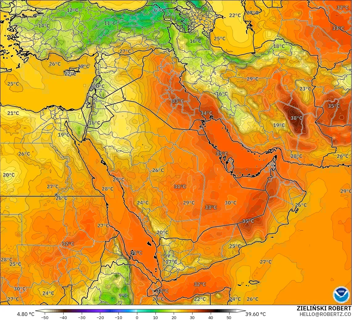 GFS modelo - Oriente Medio, Temperatura a 2 m