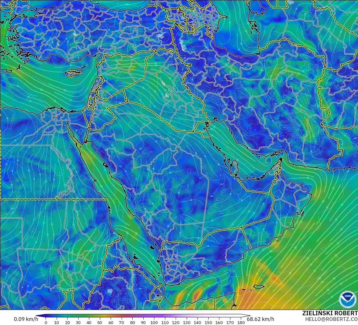 GFS modelo - Oriente Medio, Viento a 10 m