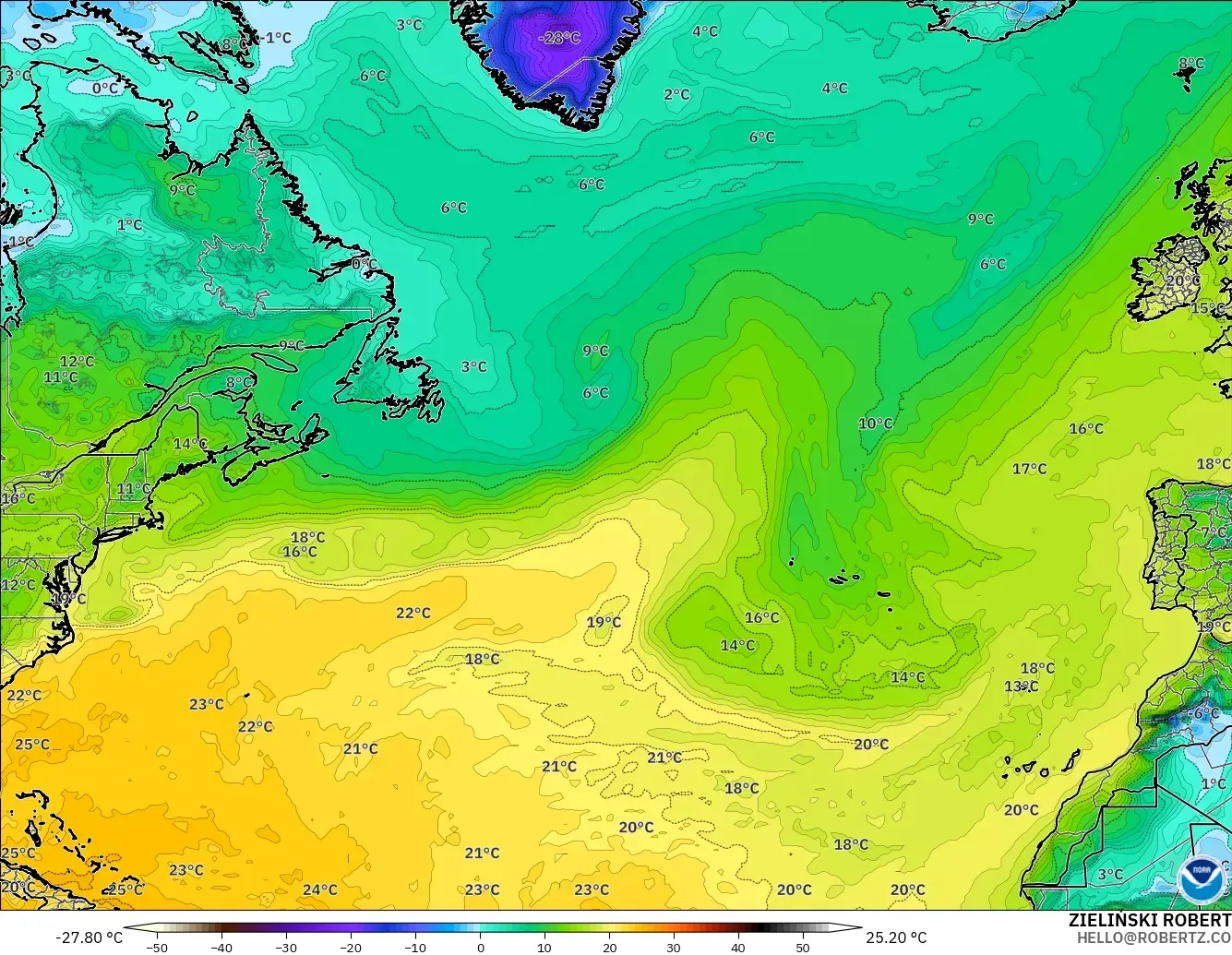 GFS modelo - Norte Atlántico, Punto de rocío a 2 m