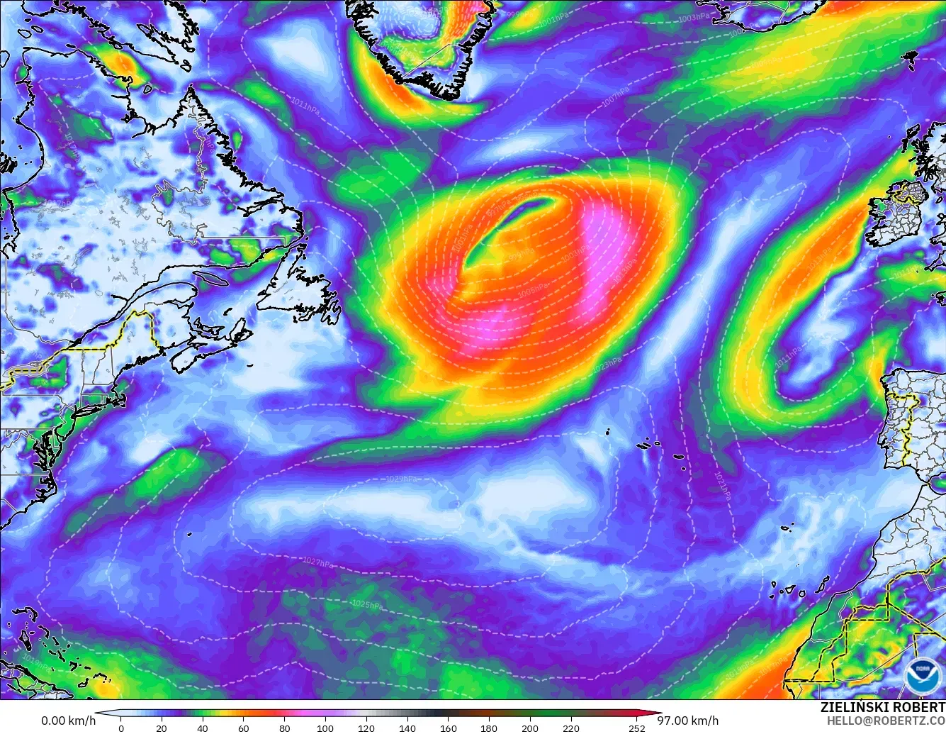 GFS modelo - Norte Atlántico, Ráfagas de Viento Máximas