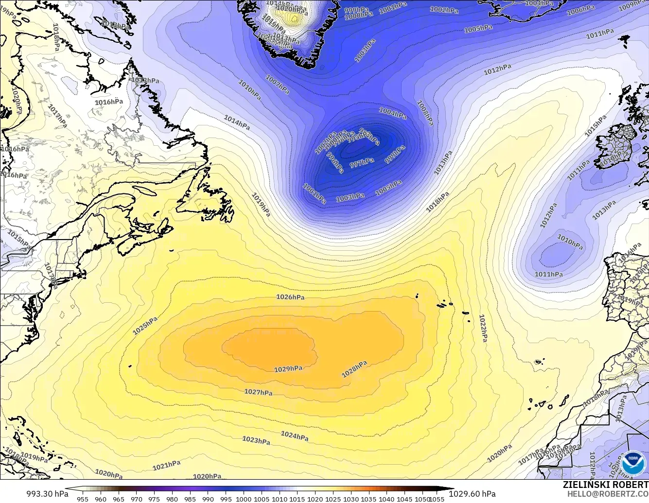 GFS modelo - Norte Atlántico, Presión