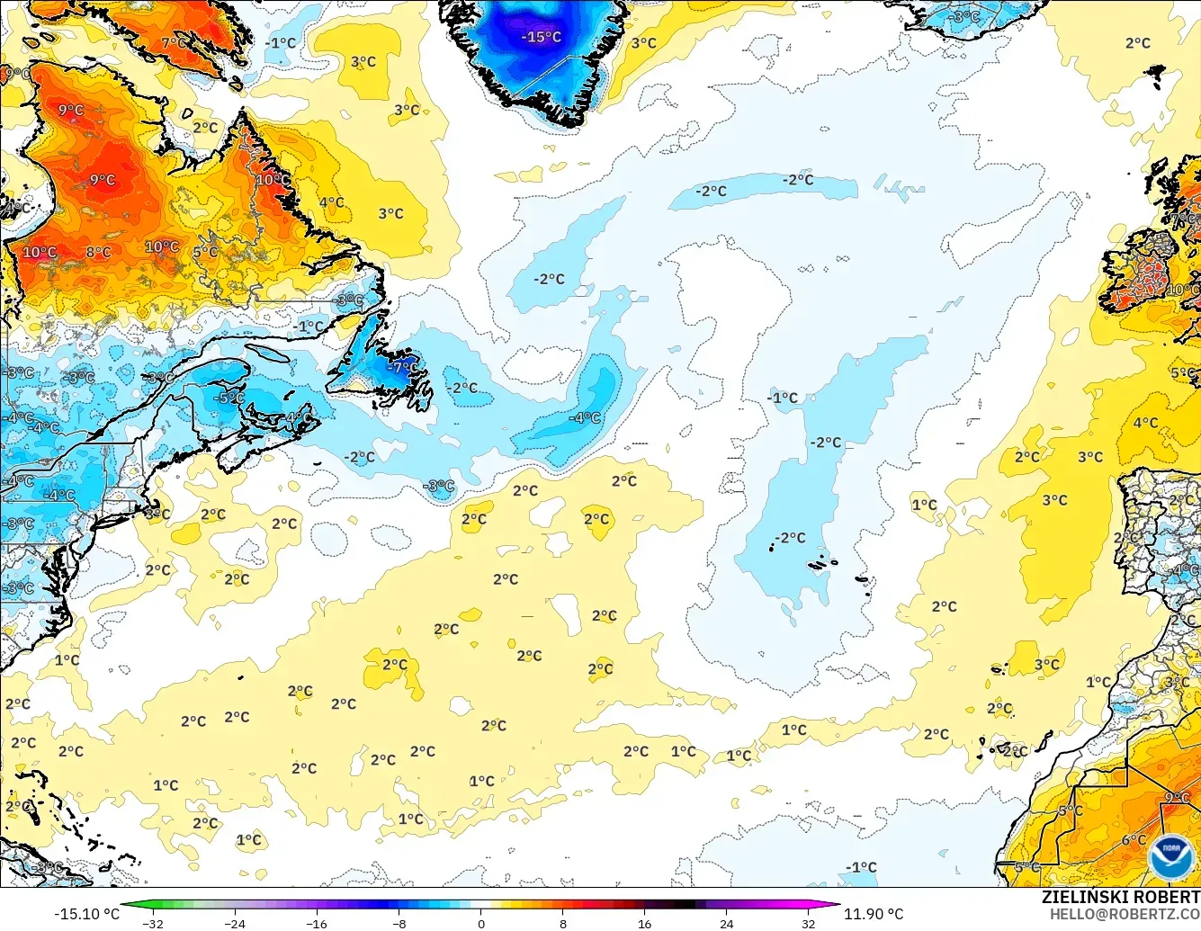 GFS modelo - Norte Atlántico, Anomalía de temperatura a 2 m
