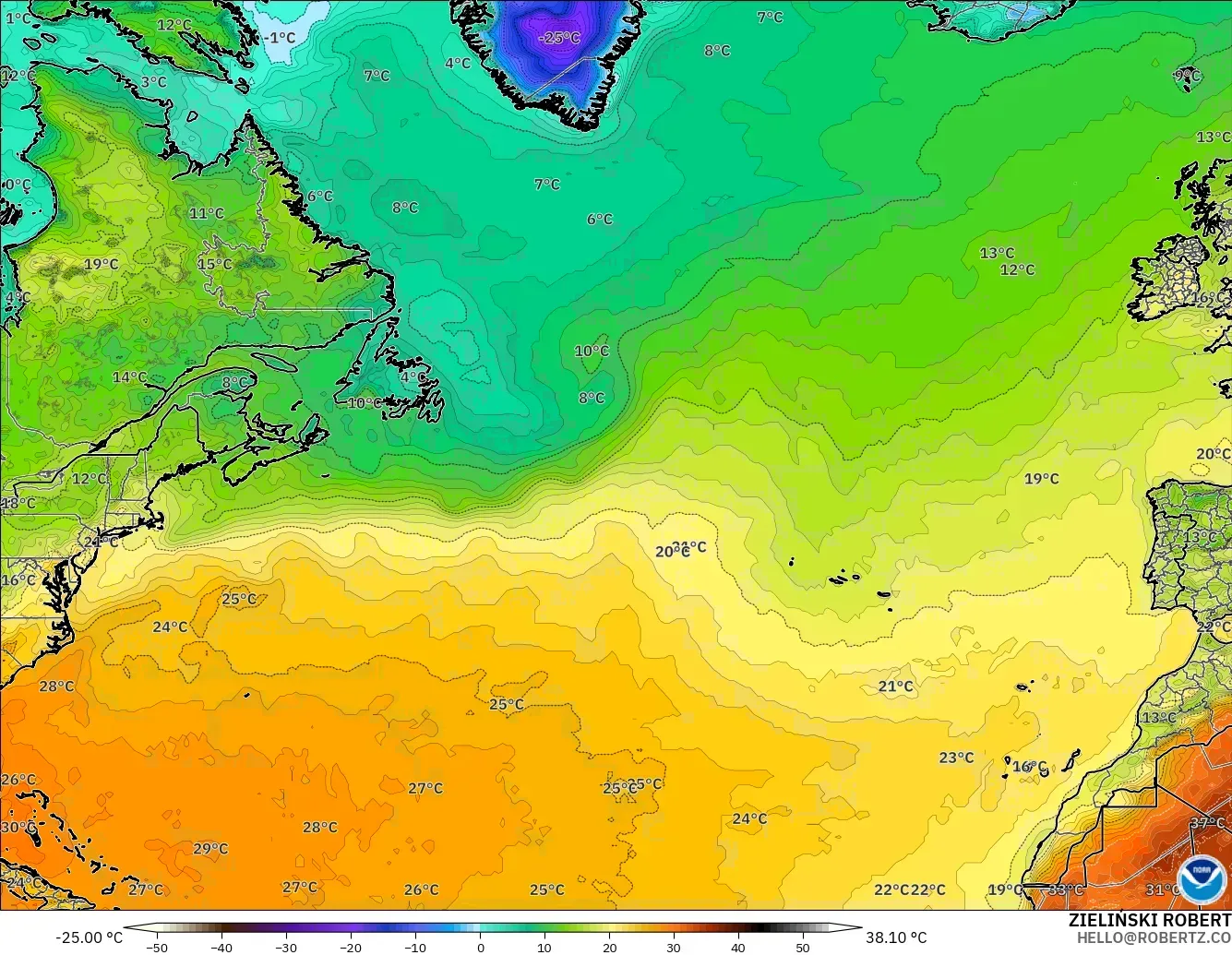 GFS modelo - Norte Atlántico, Temperatura a 2 m