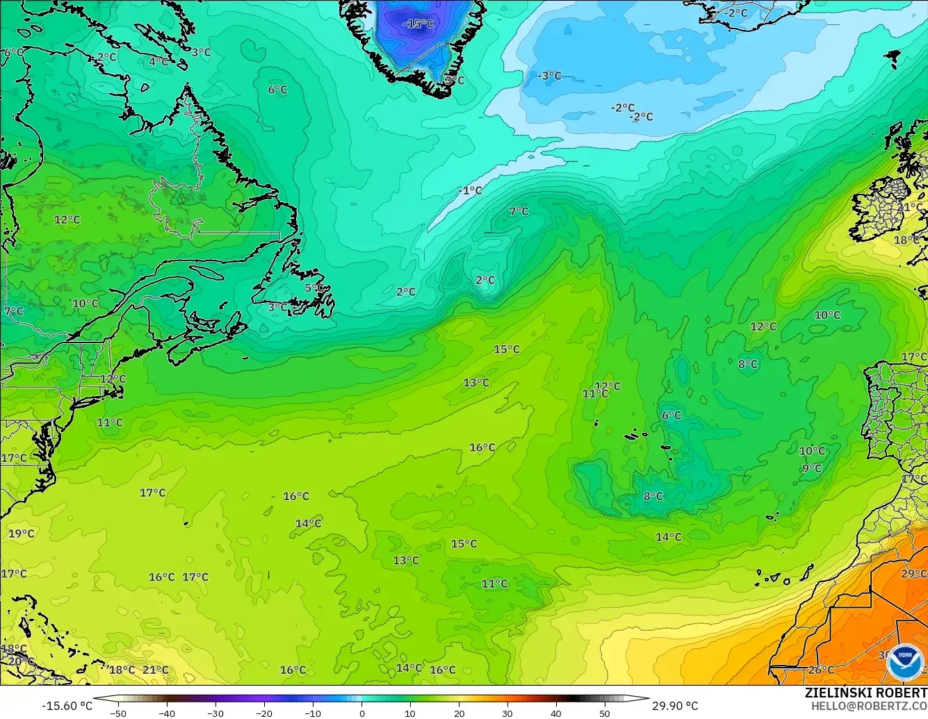 GFS modelo - Norte Atlántico, Temperatura a 850 hPa