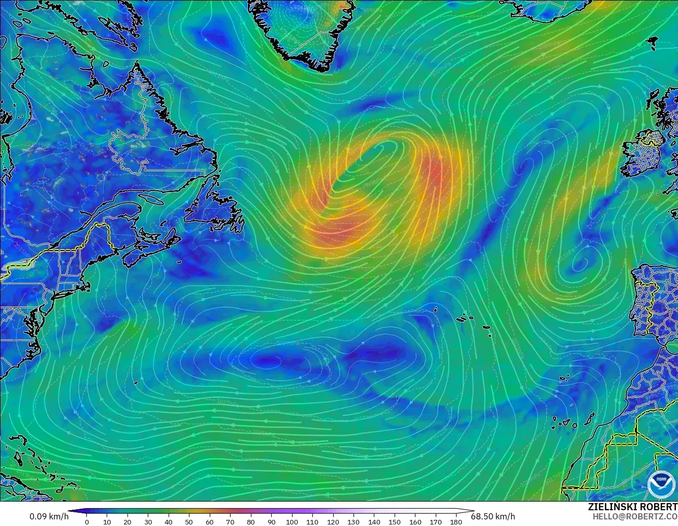 GFS modelo - Norte Atlántico, Viento a 10 m
