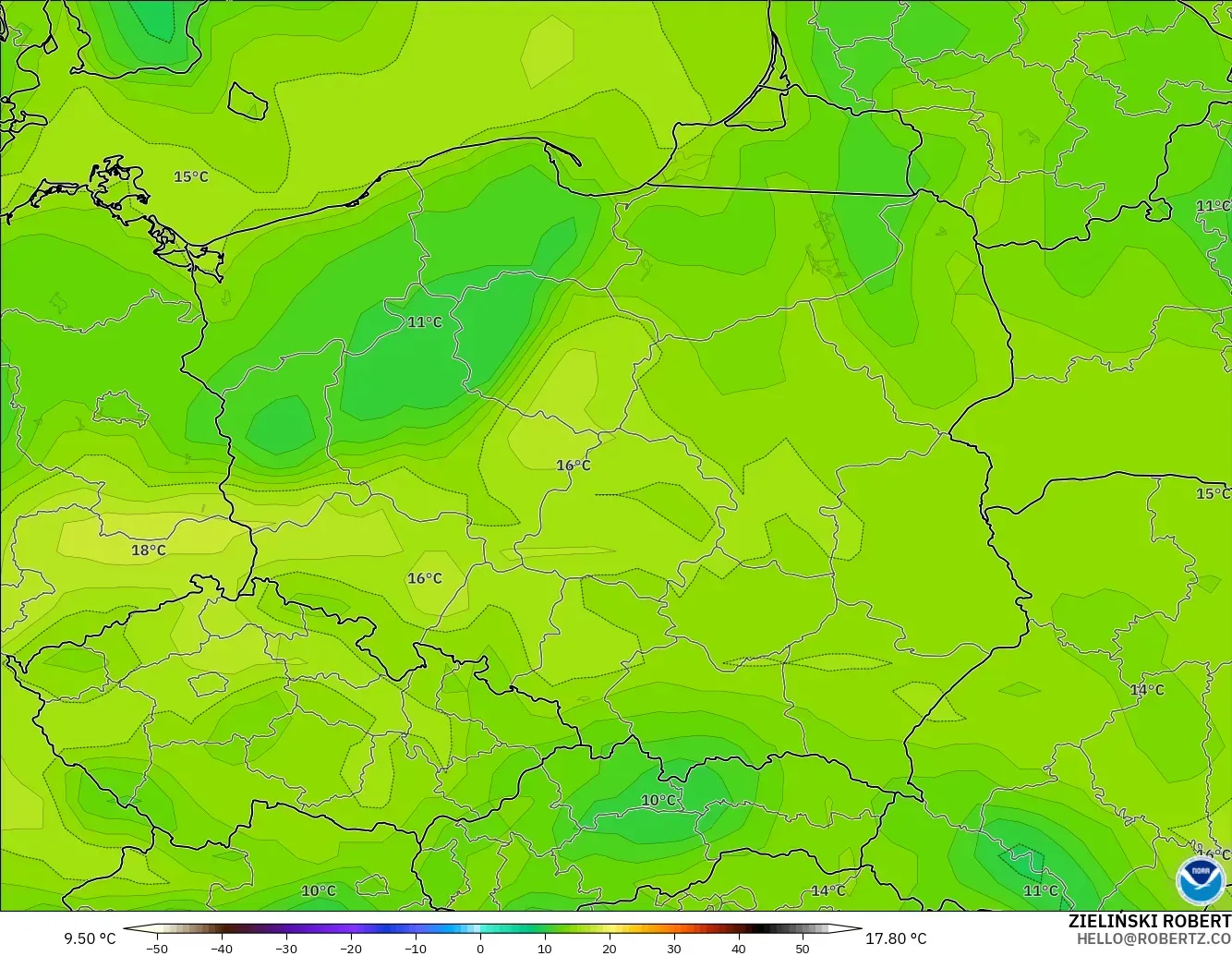 GFS modelo - Polonia, Punto de rocío a 2 m