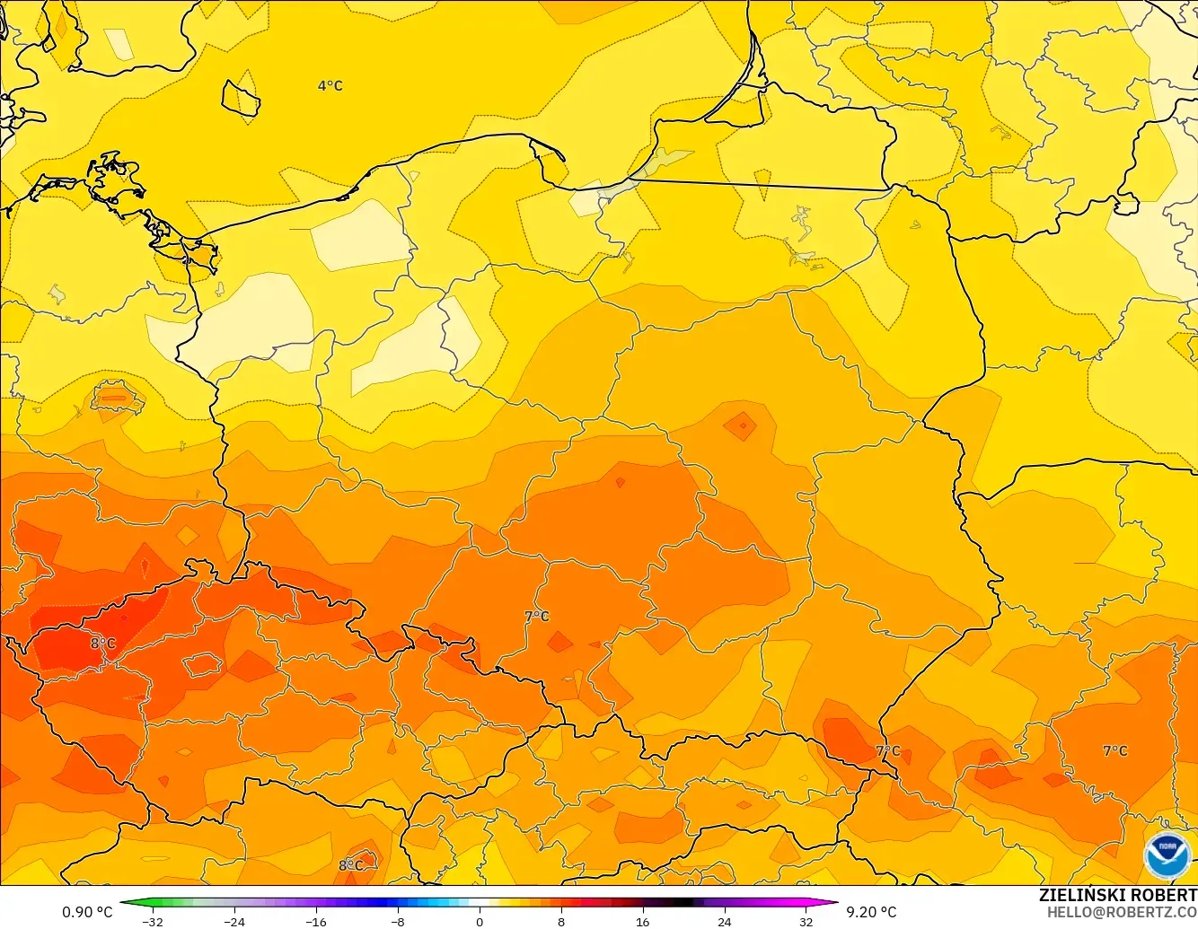 GFS modelo - Polonia, Anomalía de temperatura a 2 m