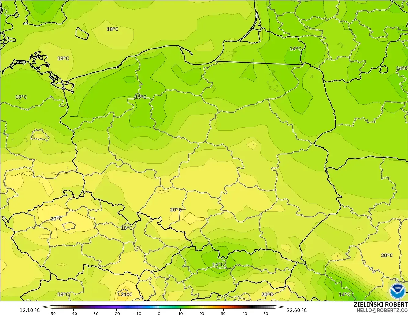 GFS modelo - Polonia, Temperatura a 2 m