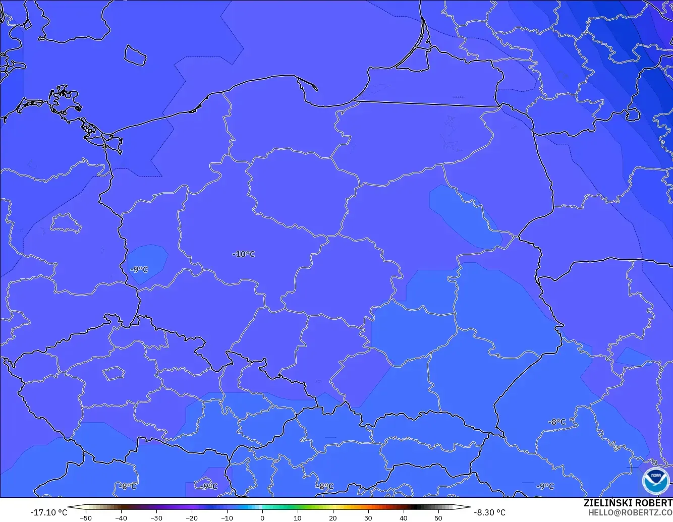 GFS modelo - Polonia, Temperatura a 500 hPa
