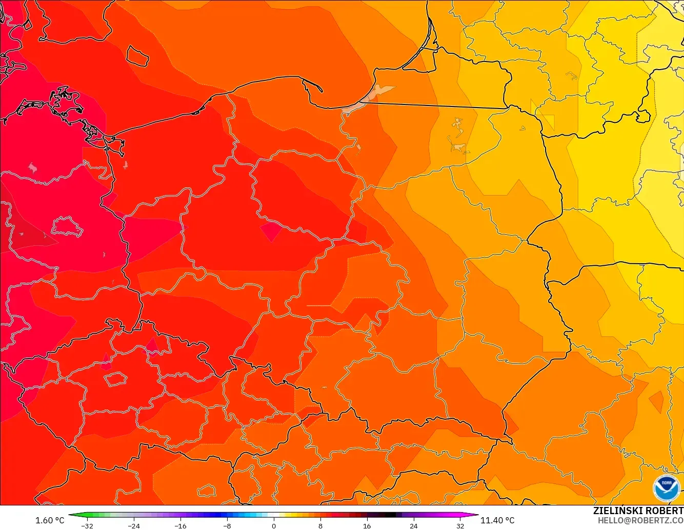GFS modelo - Polonia, Anomalía de temperatura a 850 hPa