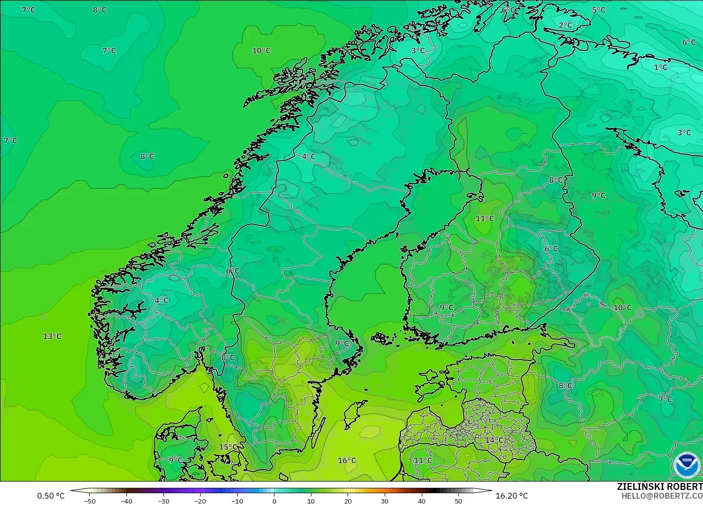 GFS modelo - Escandinavia, Punto de rocío a 2 m