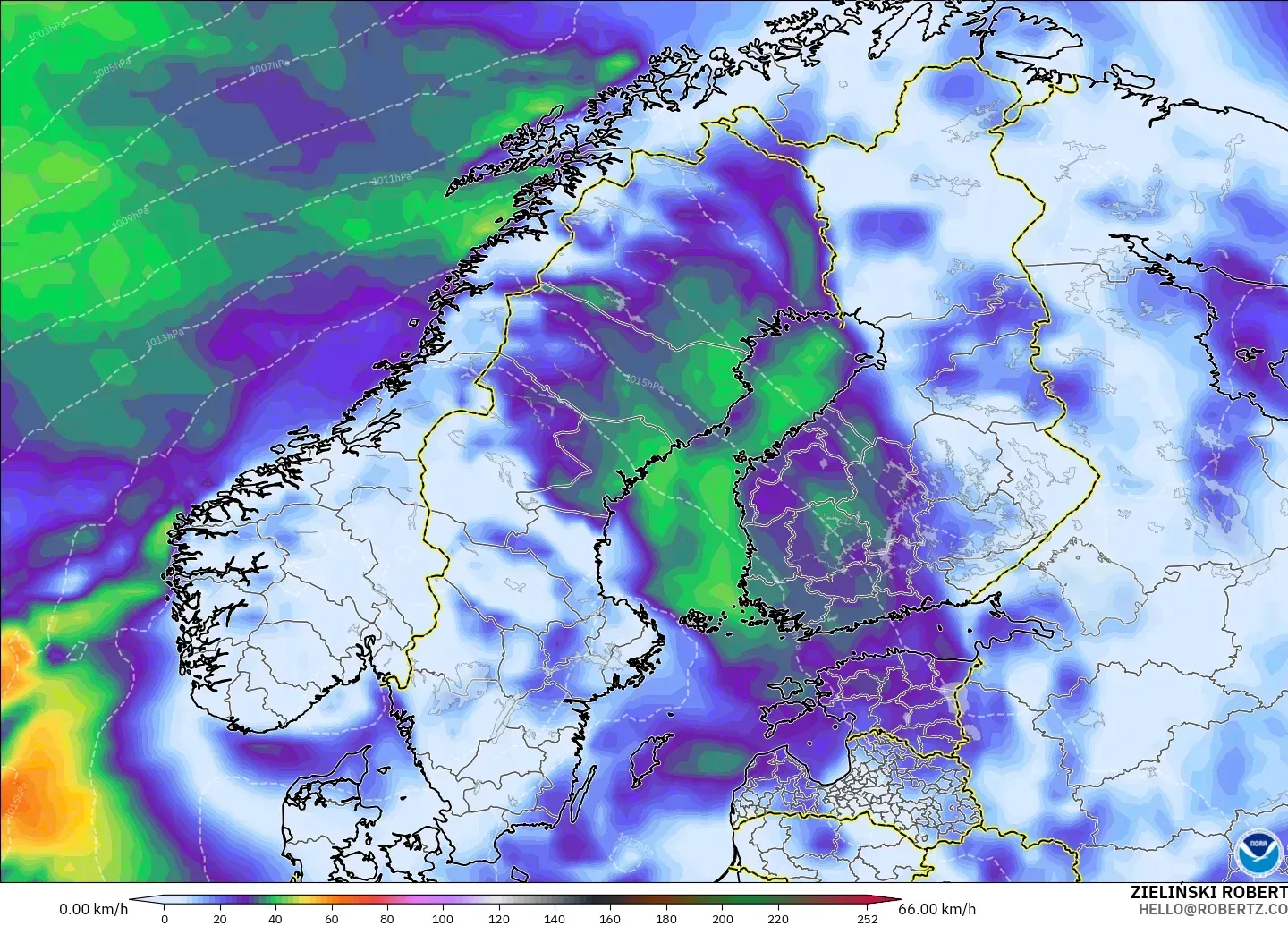 GFS modelo - Escandinavia, Ráfagas de Viento Máximas