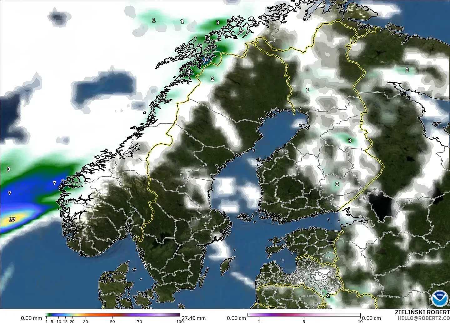 GFS modelo - Escandinavia, Precipitación, nubes y presión