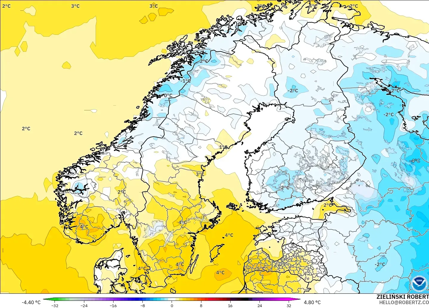 GFS modelo - Escandinavia, Anomalía de temperatura a 2 m
