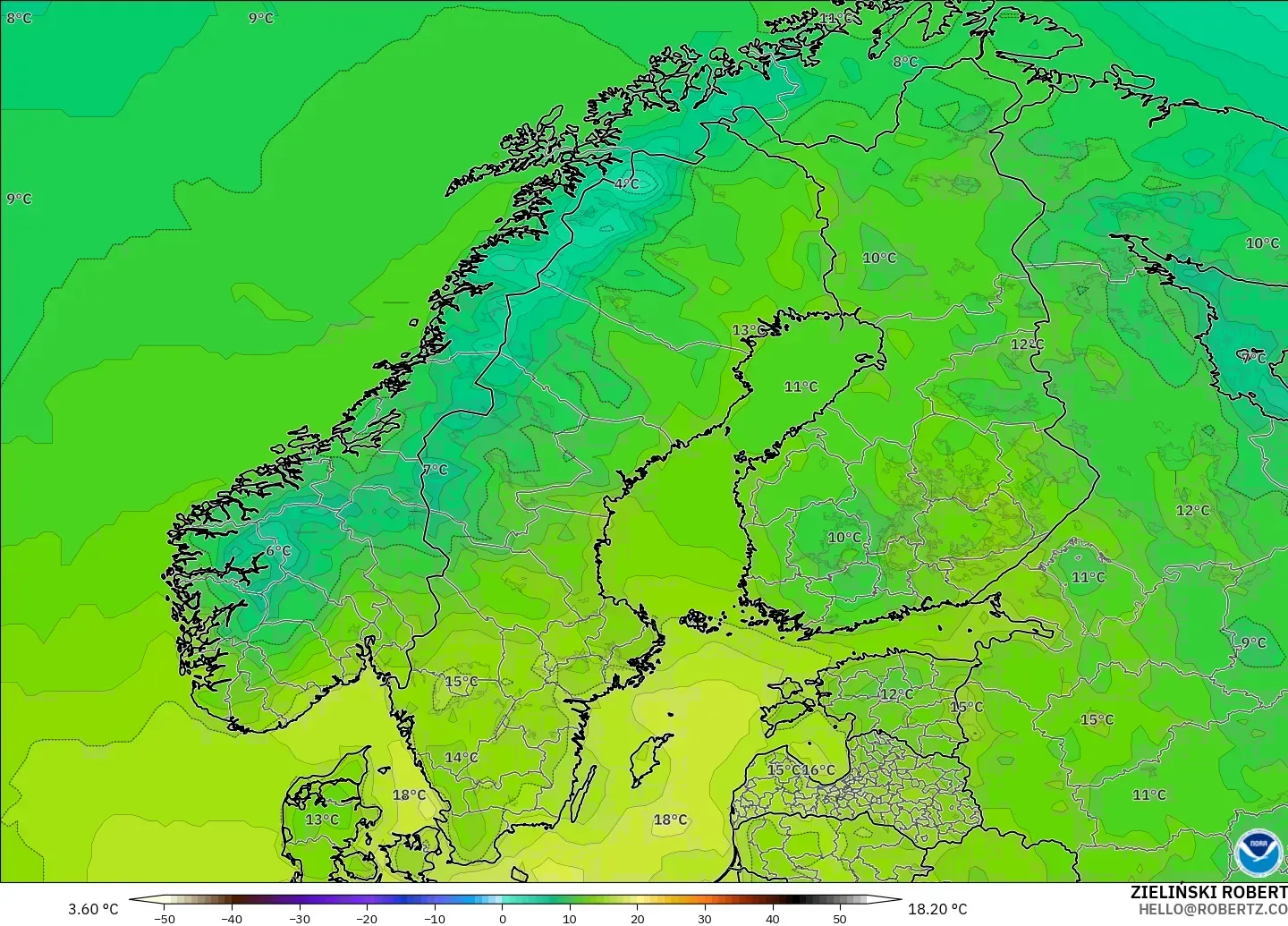 GFS modelo - Escandinavia, Temperatura a 2 m