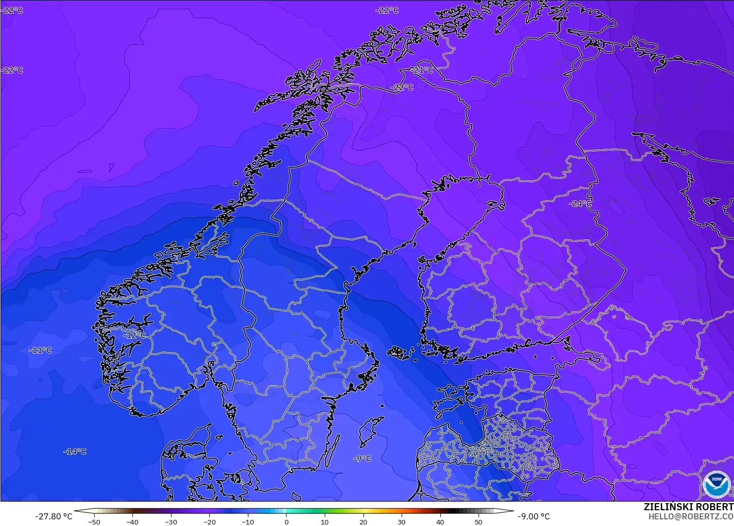 GFS modelo - Escandinavia, Temperatura a 500 hPa