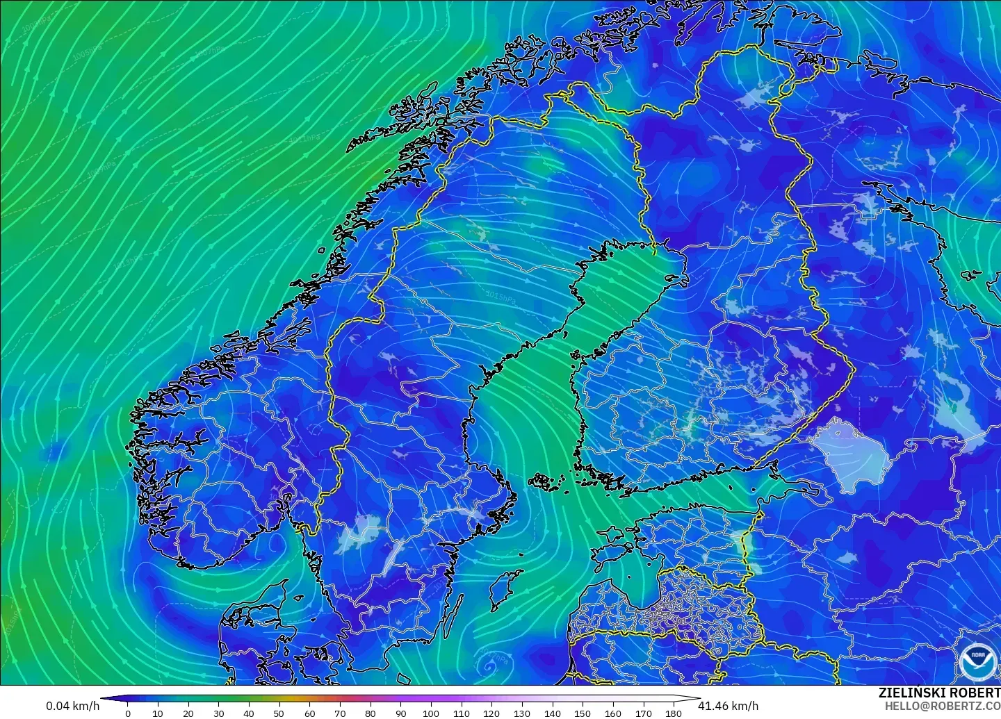 GFS modelo - Escandinavia, Viento a 10 m