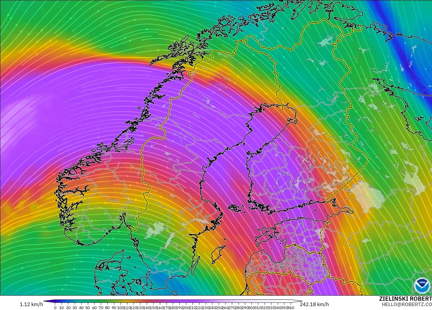 GFS modelo - Escandinavia, Viento a 300 hPa (corriente en chorro)