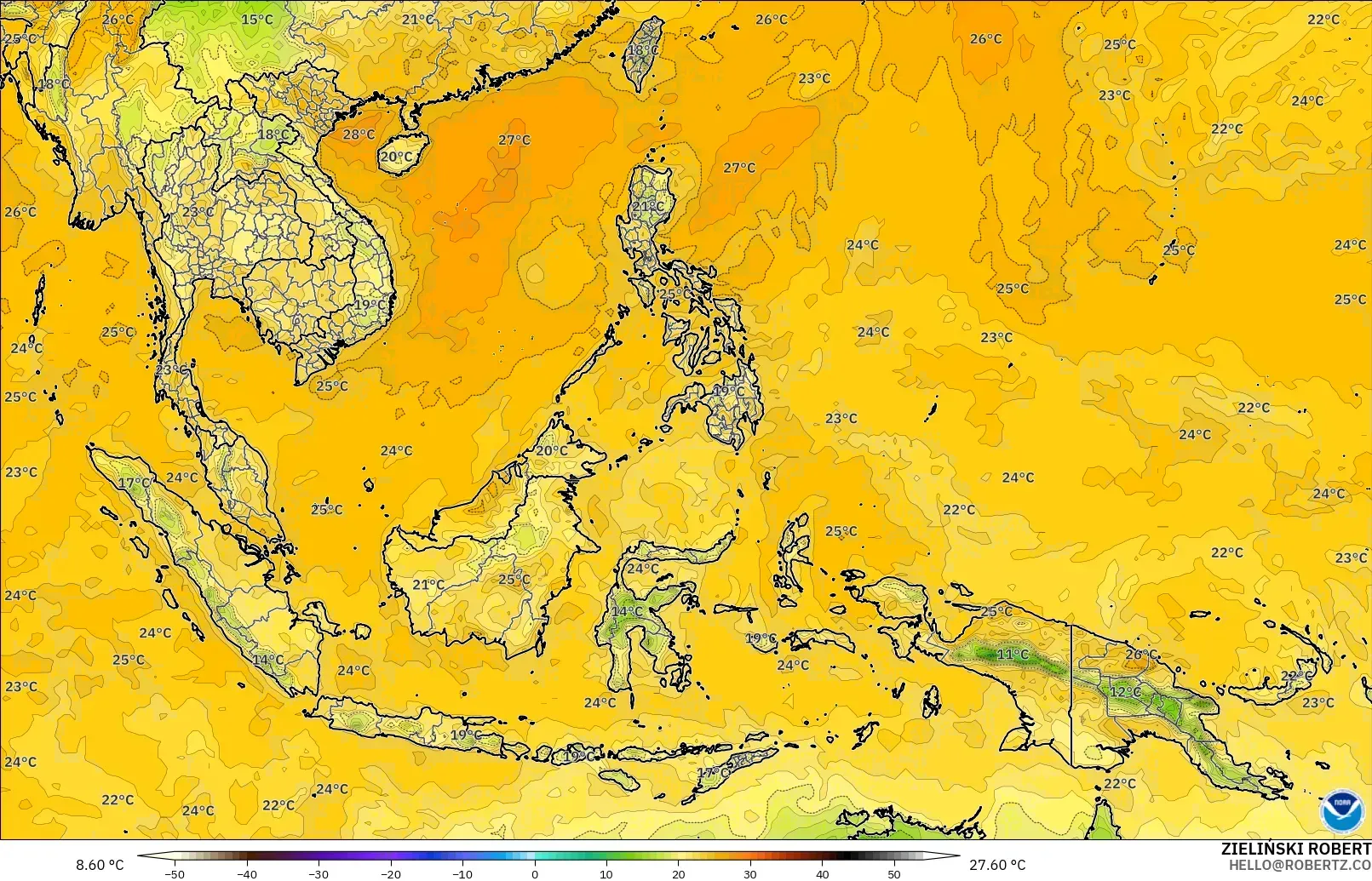 GFS modelo - Sudeste Asiático, Punto de rocío a 2 m