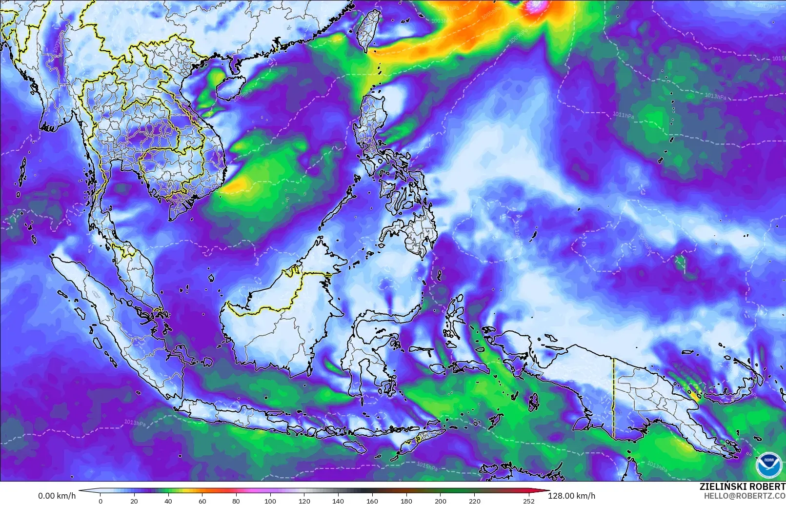 GFS modelo - Sudeste Asiático, Ráfagas de viento