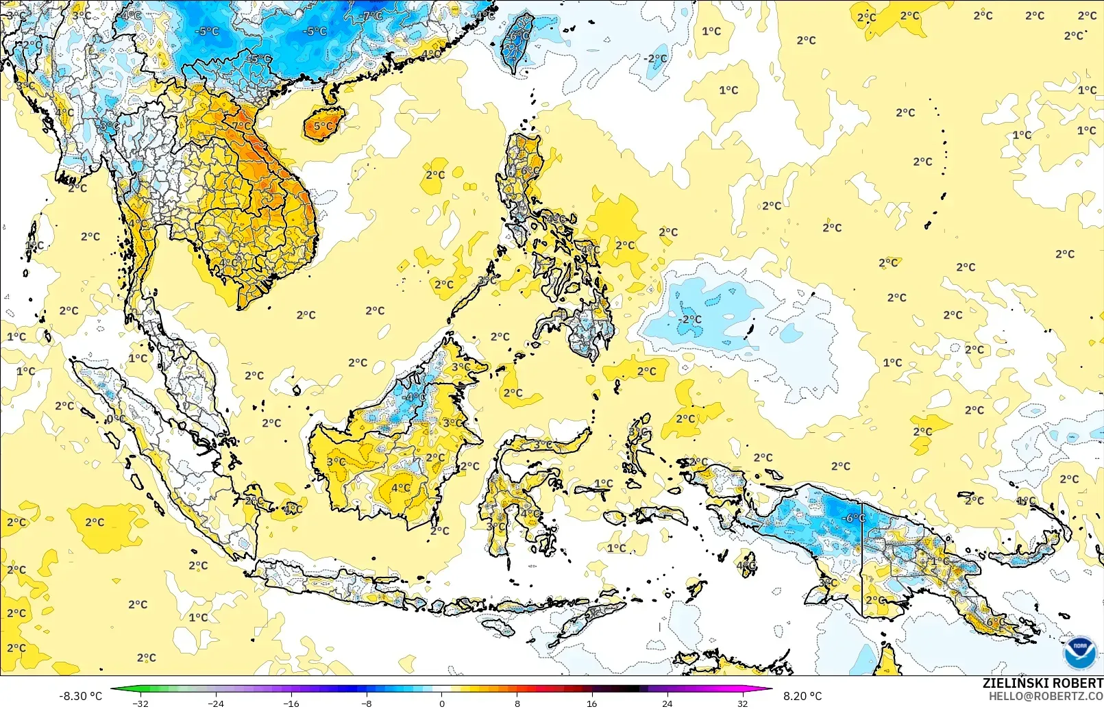 GFS modelo - Sudeste Asiático, Anomalía de temperatura a 2 m