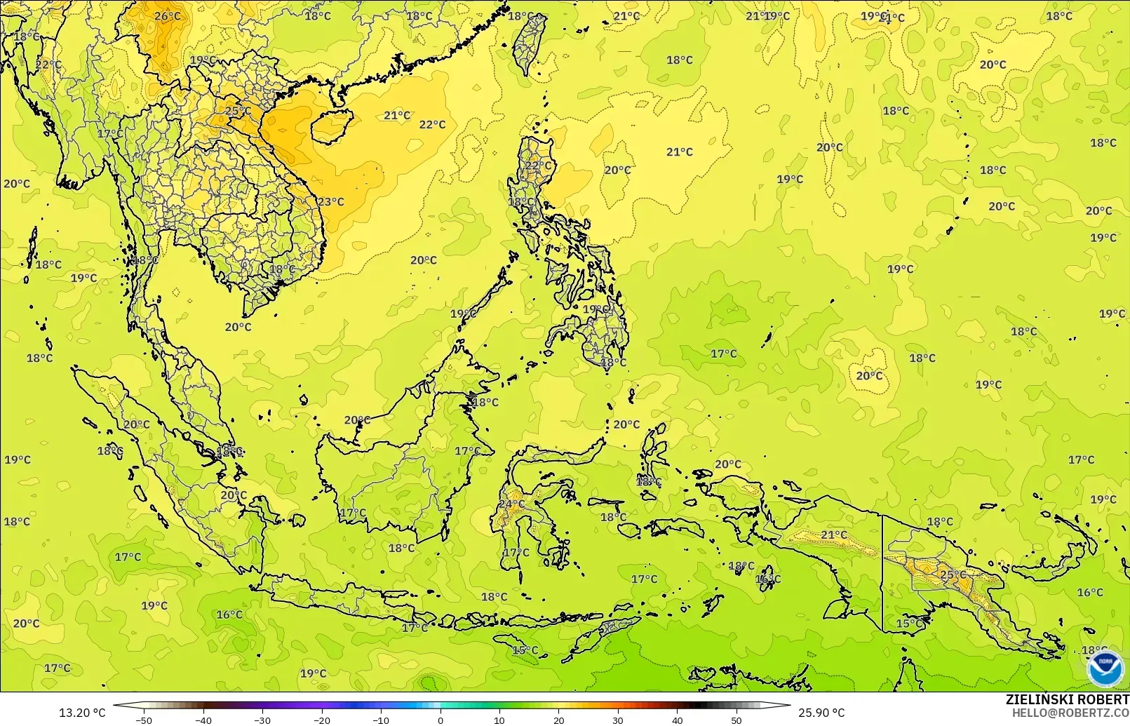 GFS modelo - Sudeste Asiático, Temperatura a 850 hPa