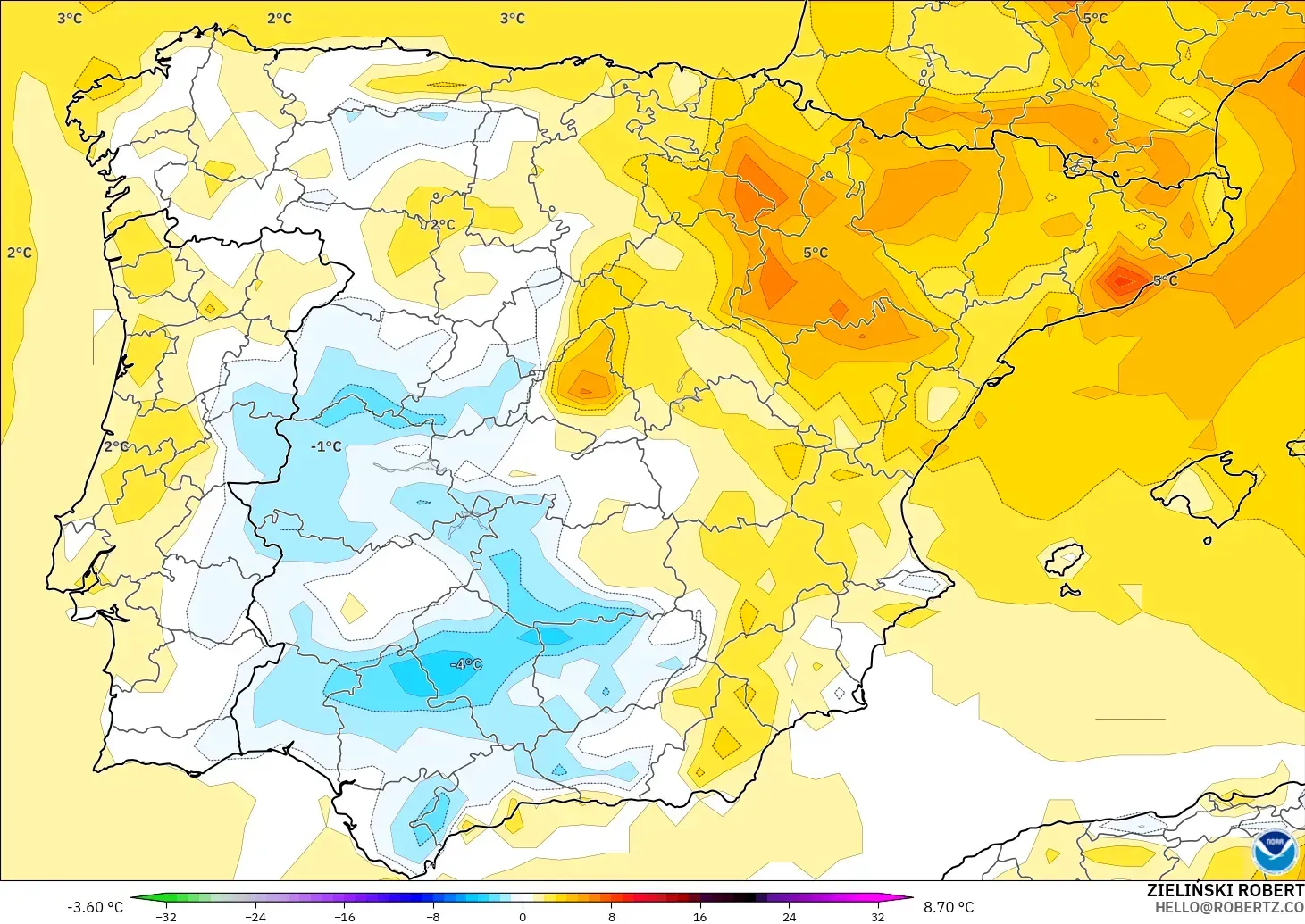 GFS modelo - España, Anomalía de temperatura a 2 m
