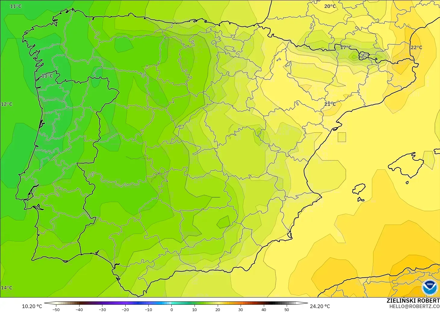 GFS modelo - España, Temperatura a 850 hPa