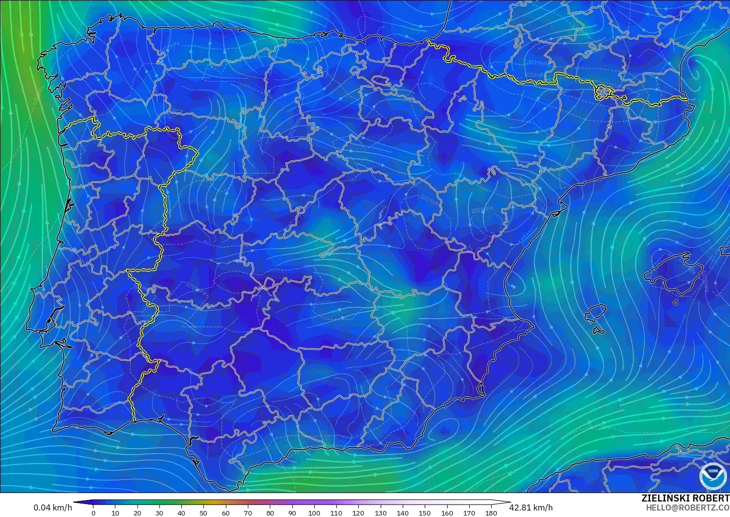 GFS modelo - España, Viento a 10 m