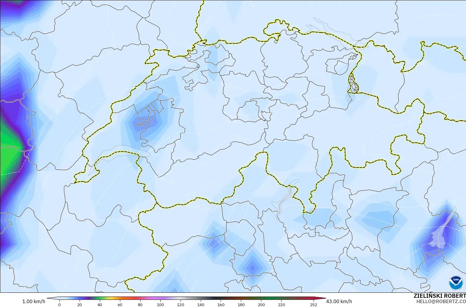 GFS modelo - Suiza, Ráfagas de Viento Máximas