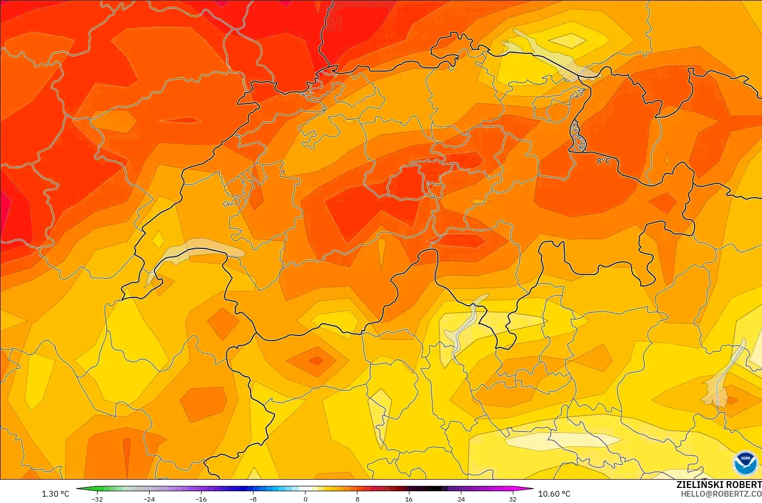 GFS modelo - Suiza, Anomalía de temperatura a 2 m