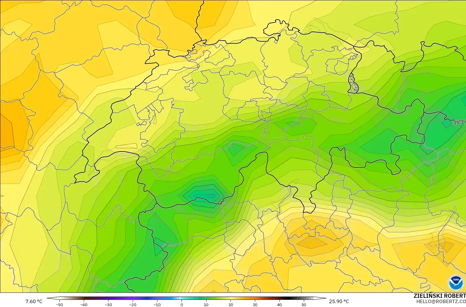 GFS modelo - Suiza, Temperatura a 2 m